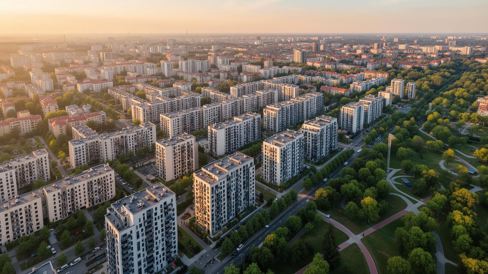 Panorama Warszawy z widokiem na różnorodne dzielnice miasta