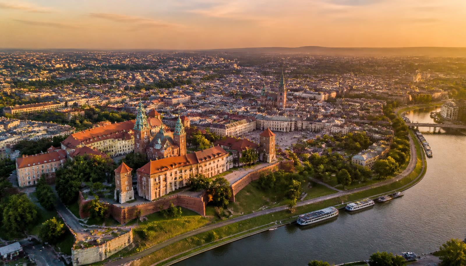 Aerial view of Kraków with Wawel Castle and the Old Town