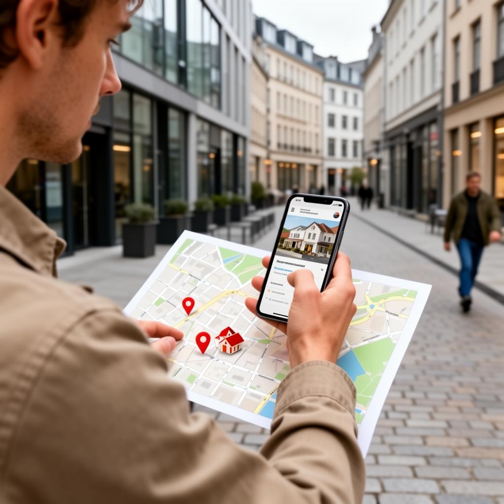 Osoba analizująca lokalizację na smartfonie i mapie