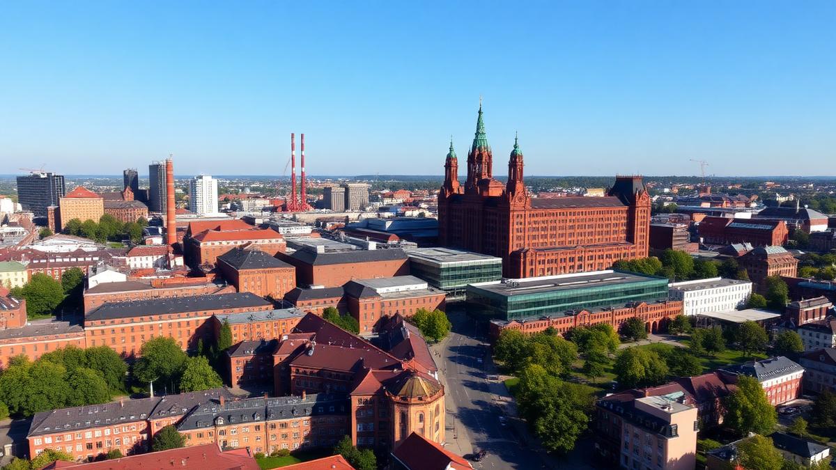 Panorama Łodzi z lotu ptaka – ceglane fabryki i centrum miasta